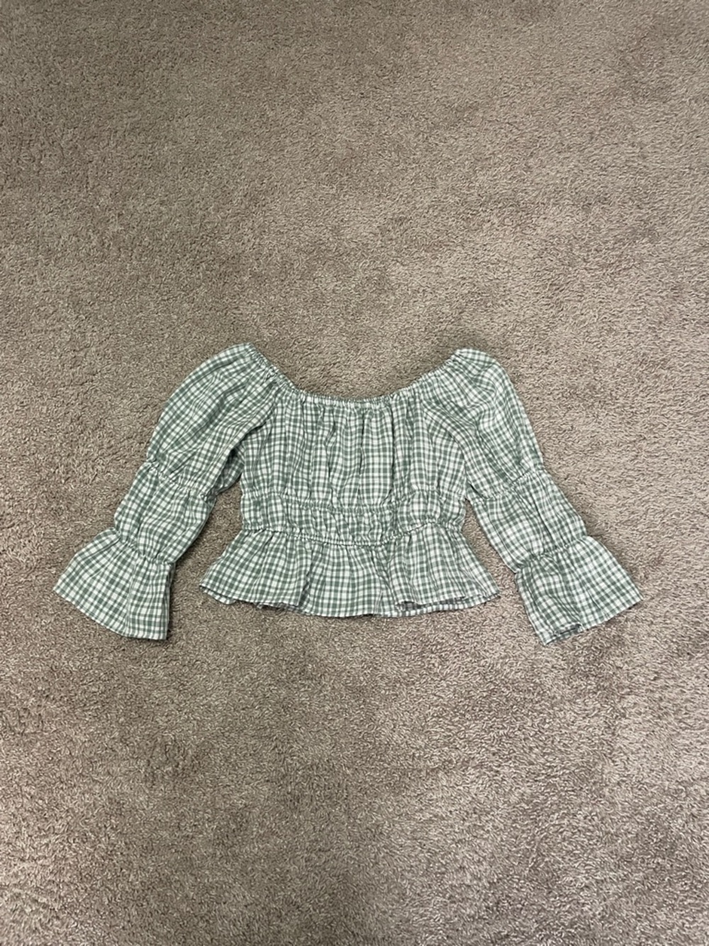 WAYF Off-Shoulder Green Plaid Peplum Top
